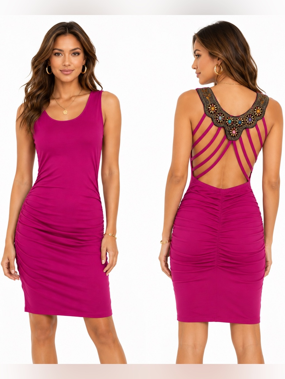 Venus Pink Embroidered Beaded Open Sexy Back Bodycon Dress Womens SZ M Statement